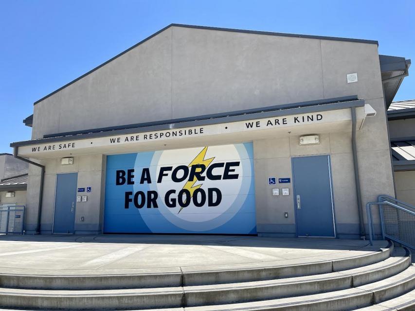 Image of Fiddyment Farm mural that says "be a force for good"